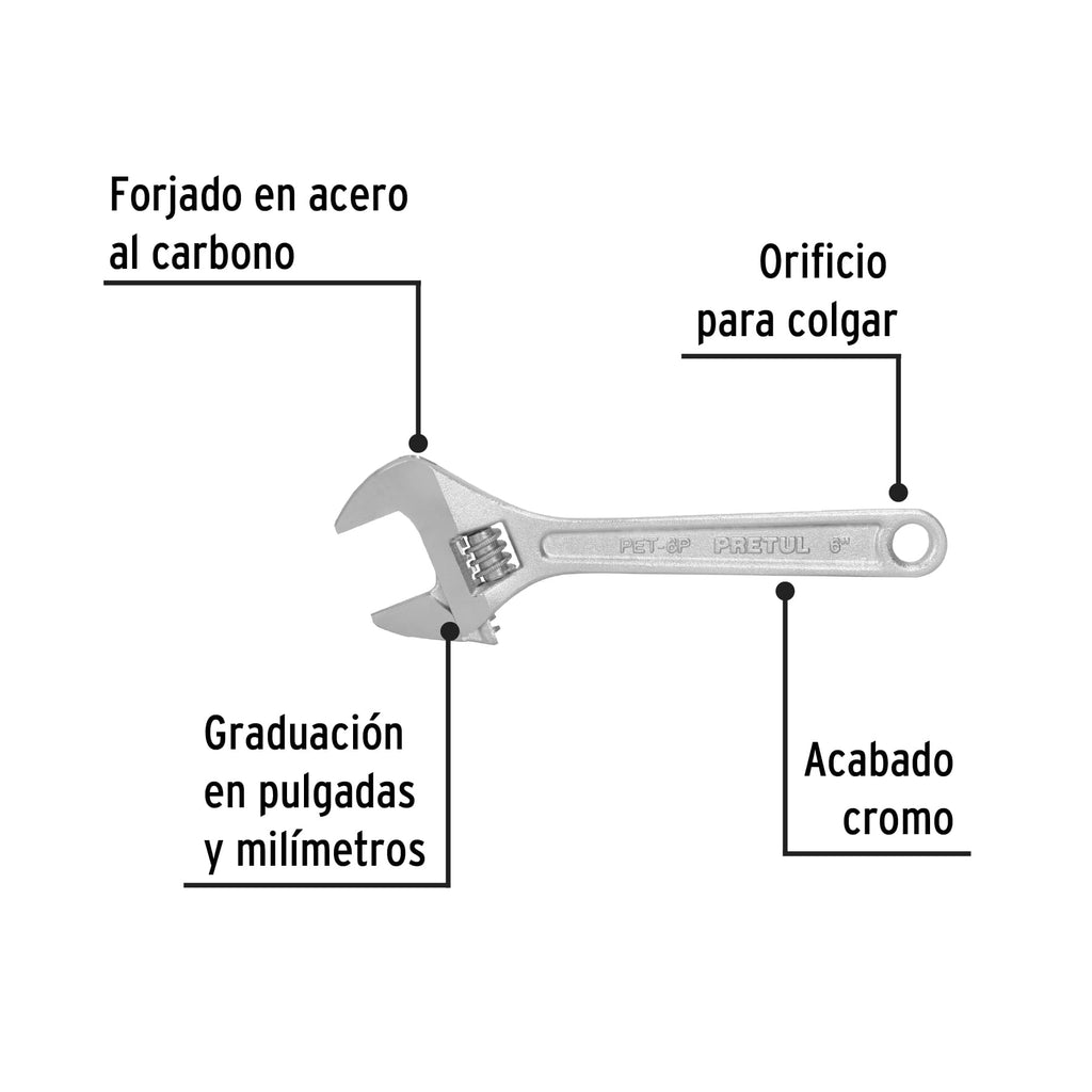 Llave ajustable (perico) 6" cromada, PRETUL PET-6P (21814)