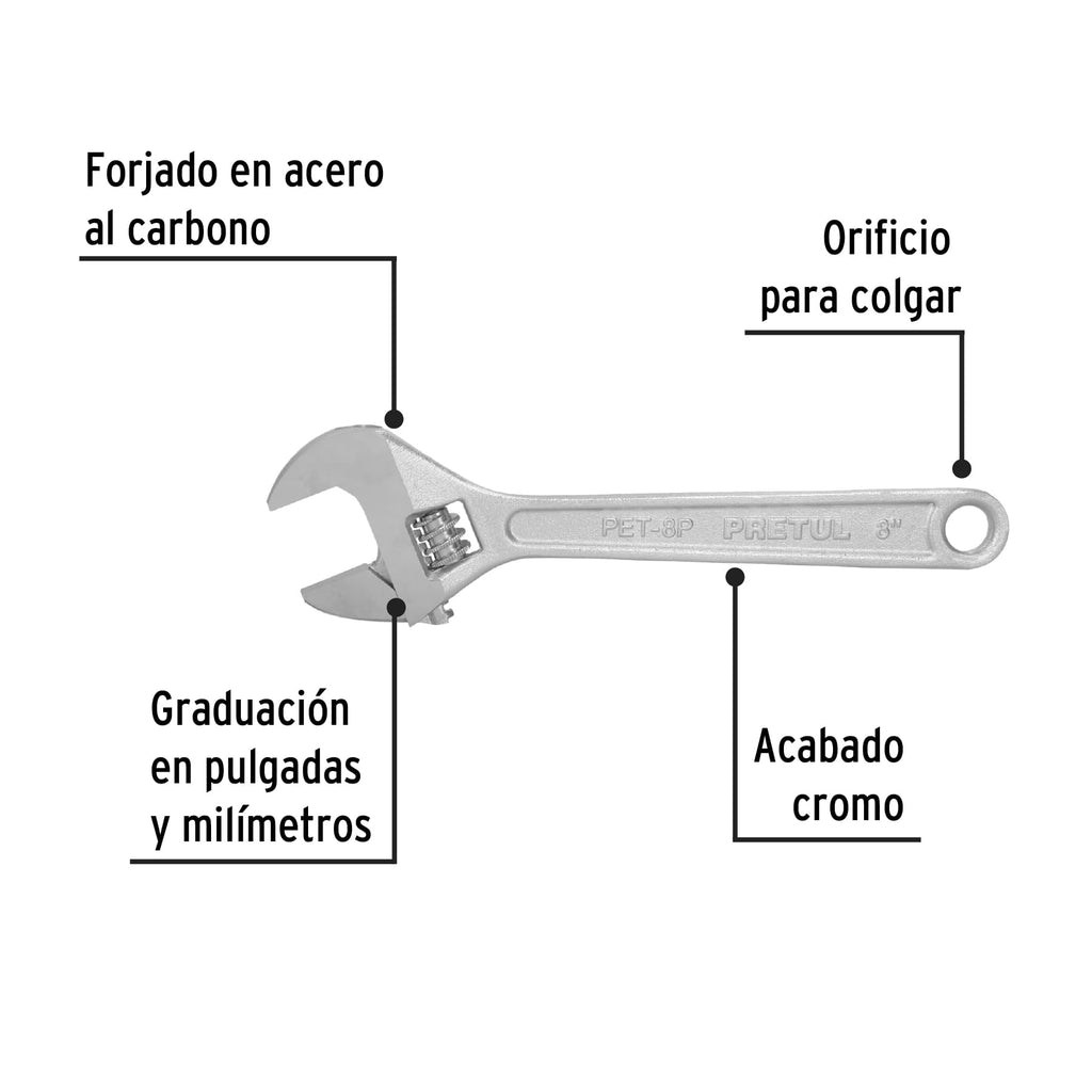 Llave ajustable (perico) 8" cromada, PRETUL PET-8P (21815)