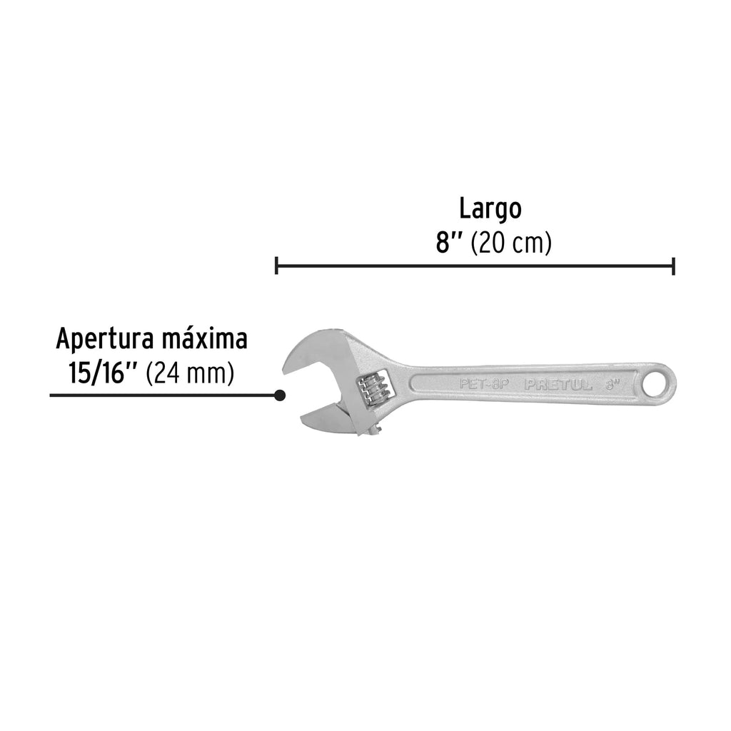 Llave ajustable (perico) 8" cromada, PRETUL PET-8P (21815)