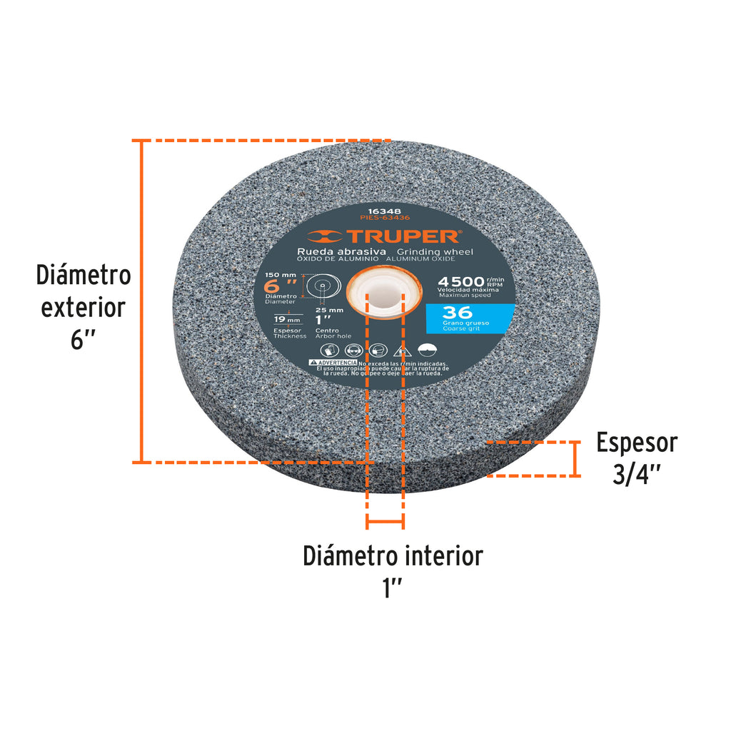 Rueda abrasiva p/esmeril 6X3/4", óxido de aluminio, grano 36 TRUPER PIES-63436 (16348)