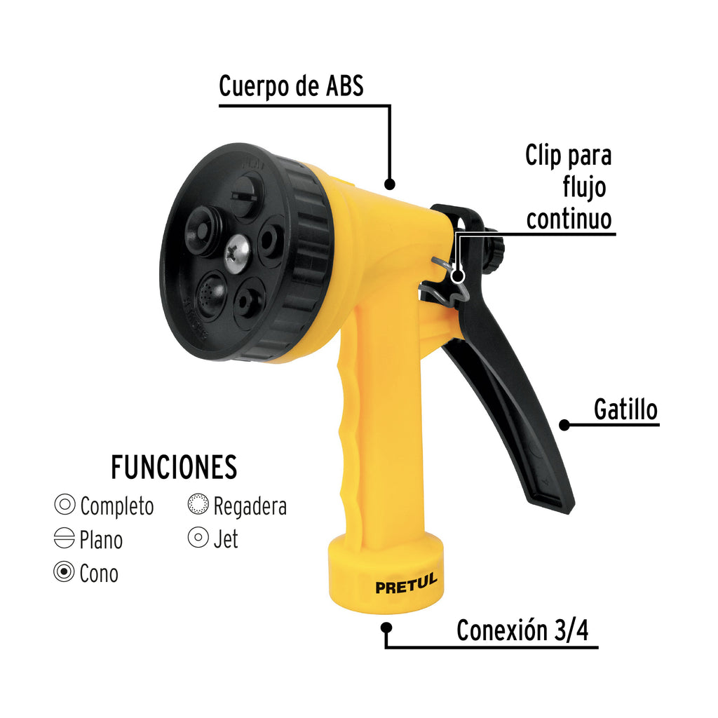 Pistola para riego de 5 funciones plástica, PRETUL PIM-55P (22765)