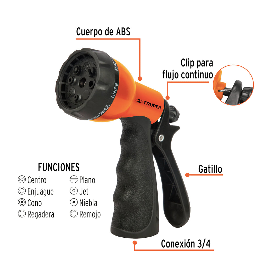 Pistola para riego de 8 funciones plástica con recubrimiento, TRUPER PR-409 (18482)