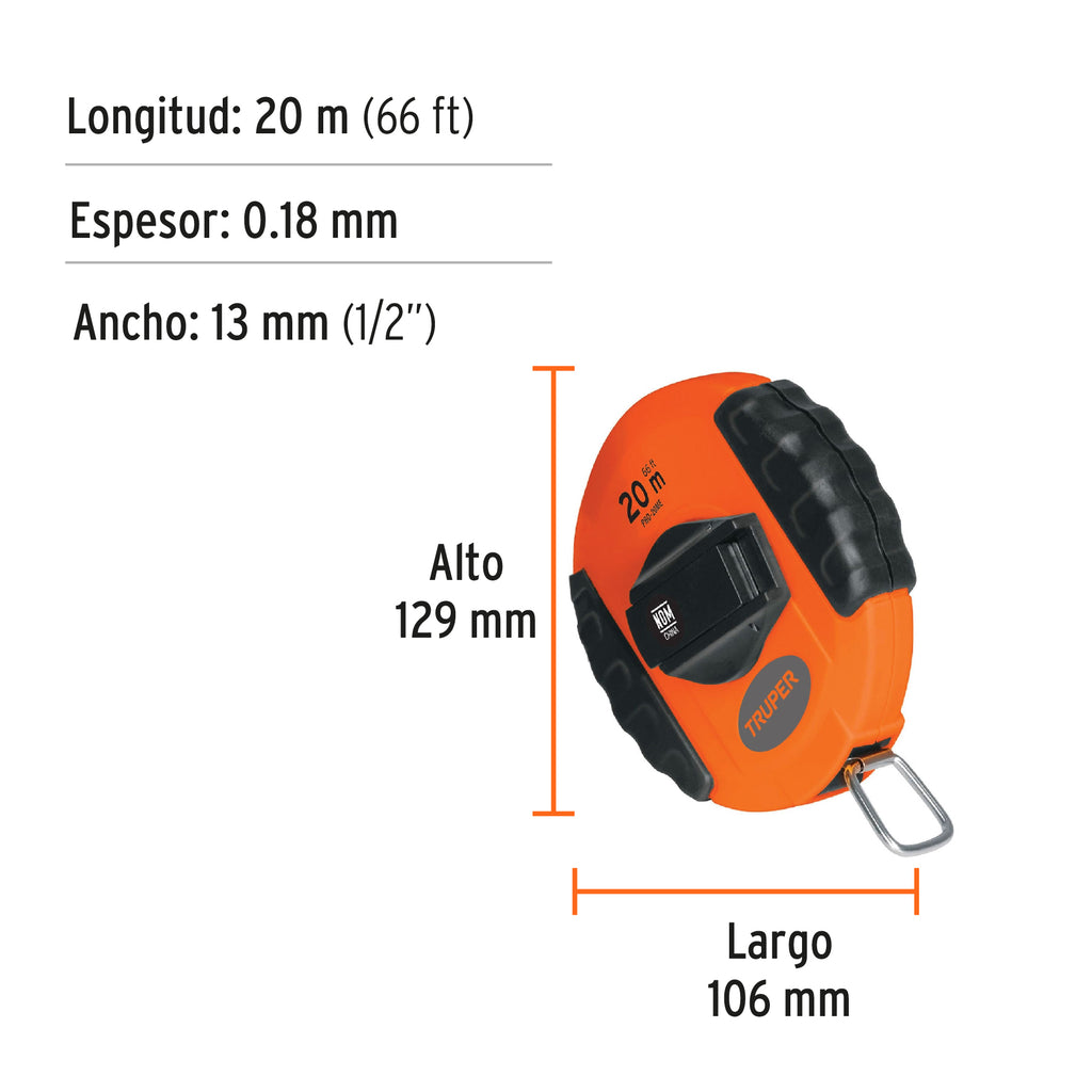 Cinta métrica larga 20 m, metálica, carcasa plástica, TRUPER PRO-20ME (20900)