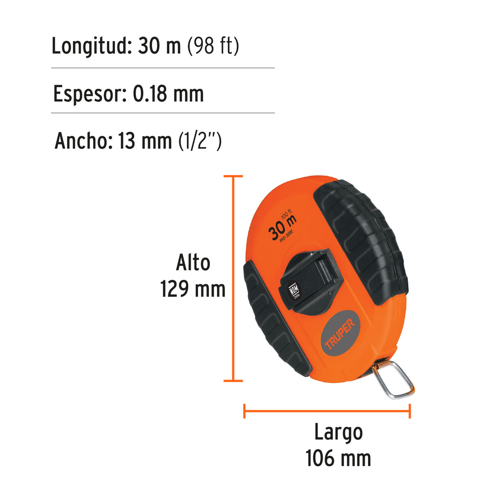 Cinta métrica larga 30 m, metálica, carcasa plástica, TRUPER PRO-30ME (20901)