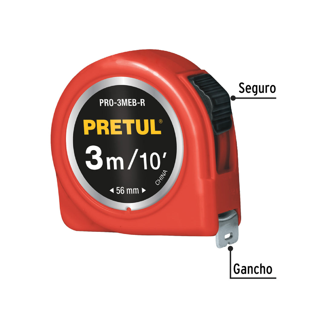 Flexómetro rojo 3 m cinta 13 mm, en tarjeta, PRETUL PRO-3MEB-R (21611)