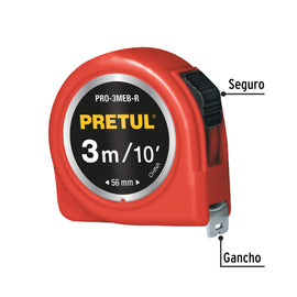 Flexómetro rojo 3 m cinta 13 mm, en tarjeta, PRETUL PRO-3MEB-R (21611)