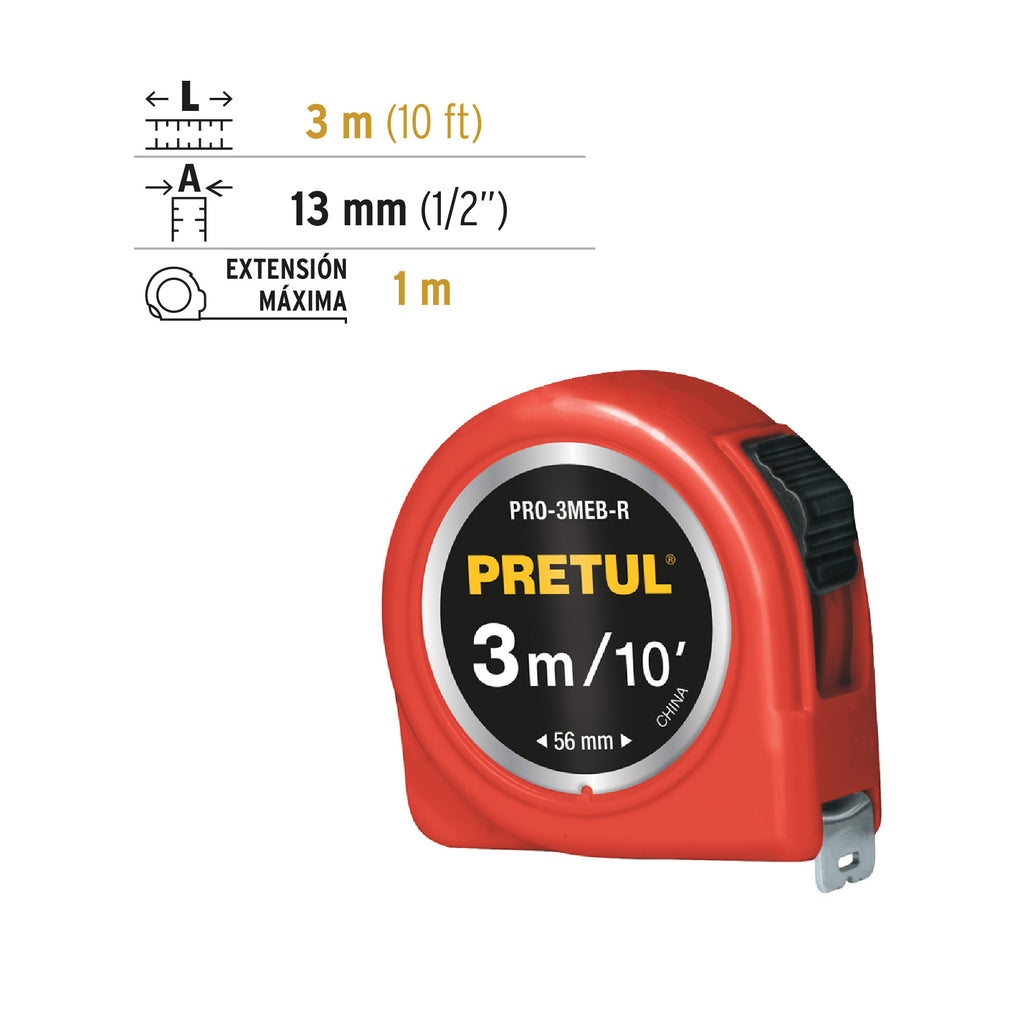 Flexómetro rojo 3 m cinta 13 mm, en tarjeta, PRETUL PRO-3MEB-R (21611)