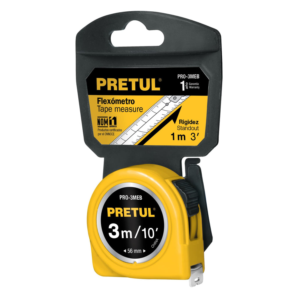 Flexómetro amarillo 3 m cinta 13 mm, en tarjeta, PRETUL PRO-3MEB (21605)