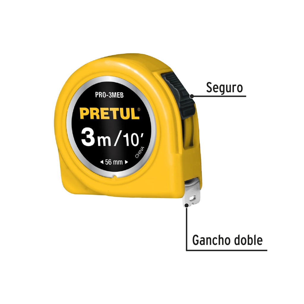 Flexómetro amarillo 3 m cinta 13 mm, en tarjeta, PRETUL PRO-3MEB (21605)