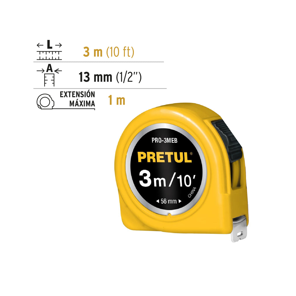 Flexómetro amarillo 3 m cinta 13 mm, en tarjeta, PRETUL PRO-3MEB (21605)