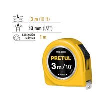 Cargar imagen en el visor de la galería, Flexómetro amarillo 3 m cinta 13 mm, en tarjeta, PRETUL PRO-3MEB (21605)