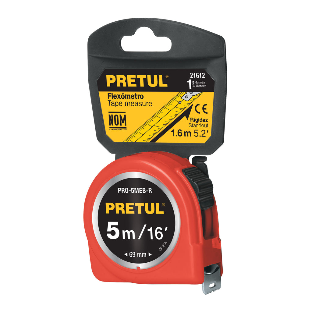 Flexómetro rojo 5 m cinta 19 mm, en tarjeta, PRETUL PRO-5MEB-R (21612)