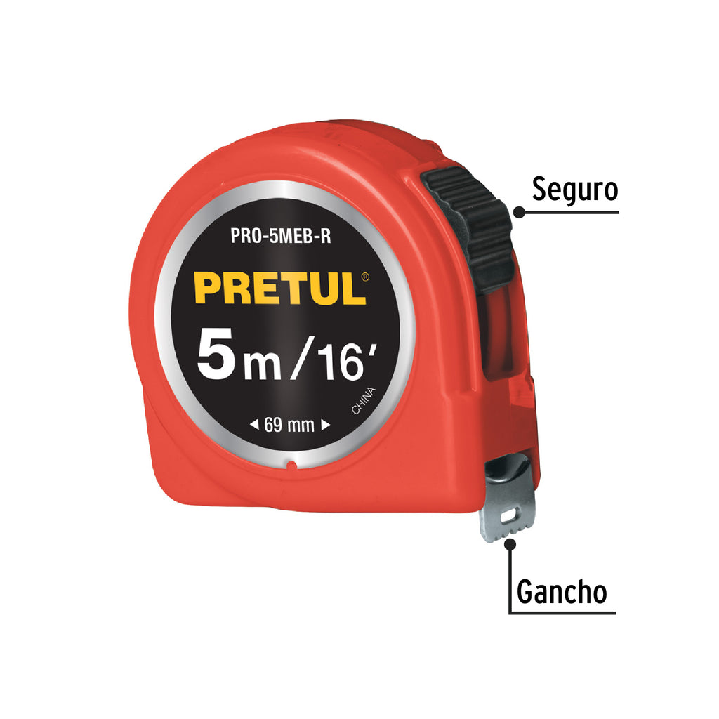 Flexómetro rojo 5 m cinta 19 mm, en tarjeta, PRETUL PRO-5MEB-R (21612)