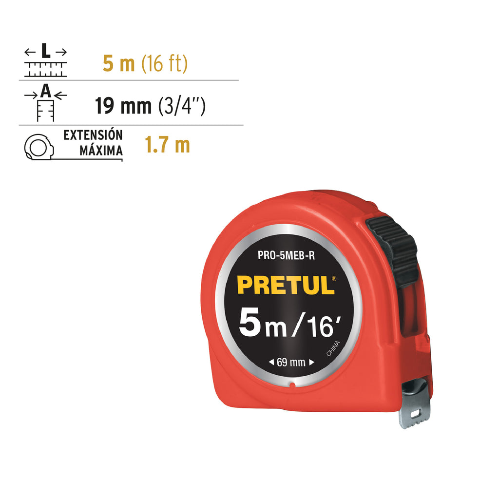 Flexómetro rojo 5 m cinta 19 mm, en tarjeta, PRETUL PRO-5MEB-R (21612)