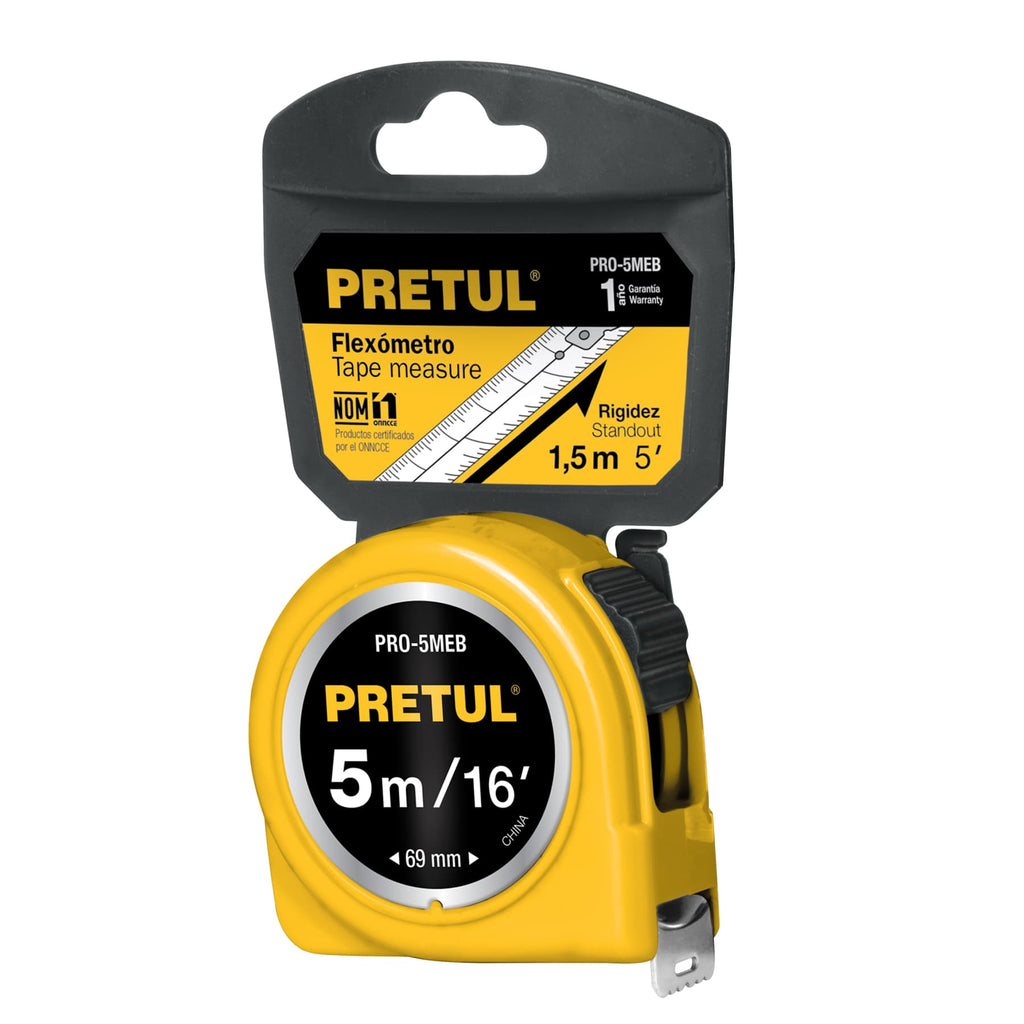 Flexómetro amarillo 5 m cinta 19 mm, en tarjeta, PRETUL PRO-5MEB (21606)