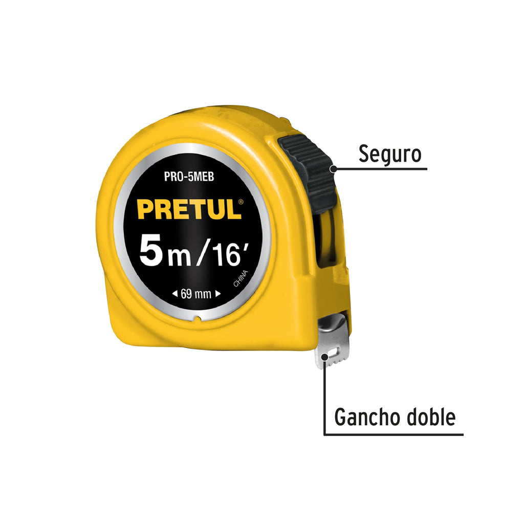 Flexómetro amarillo 5 m cinta 19 mm, en tarjeta, PRETUL PRO-5MEB (21606)