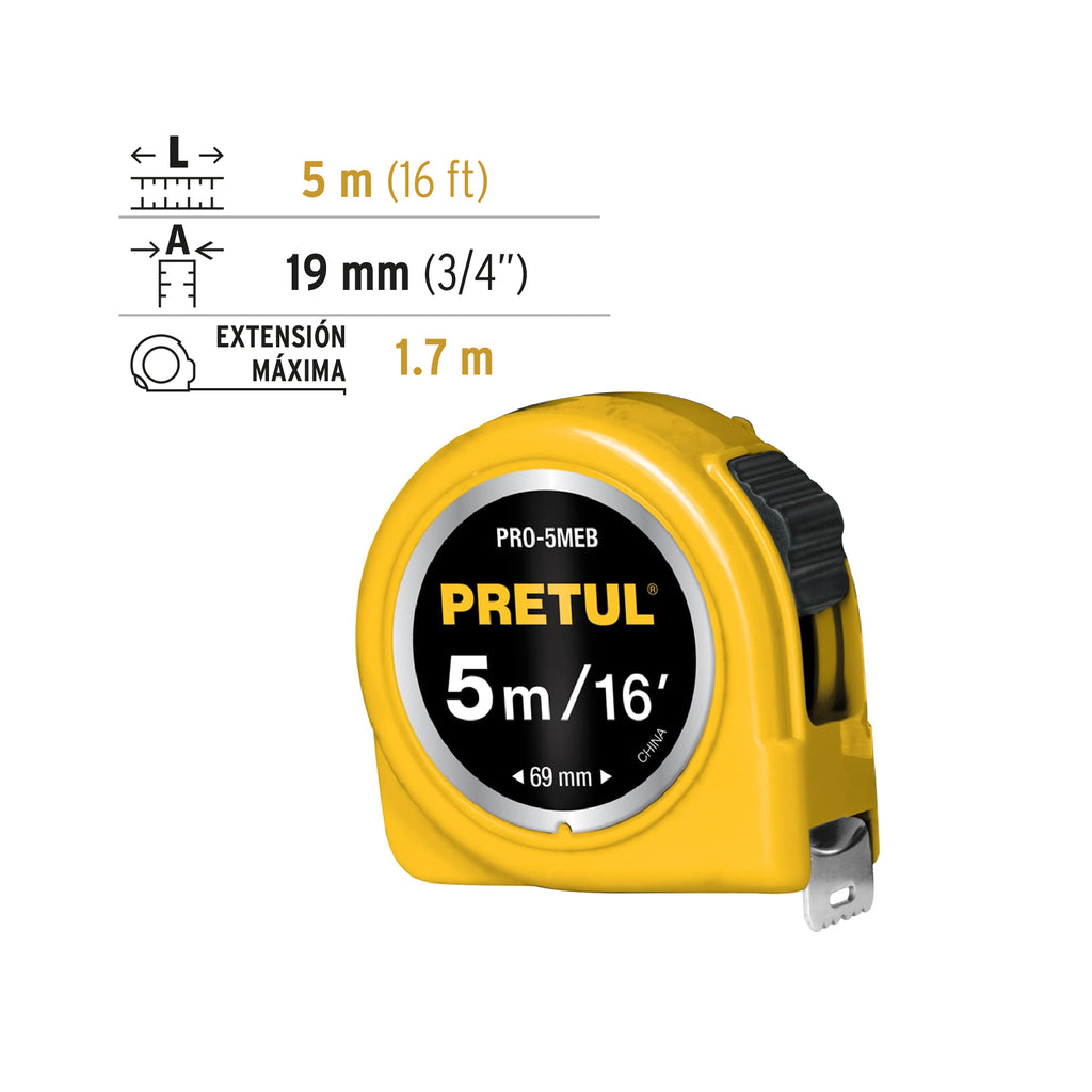 Flexómetro amarillo 5 m cinta 19 mm, en tarjeta, PRETUL PRO-5MEB (21606)