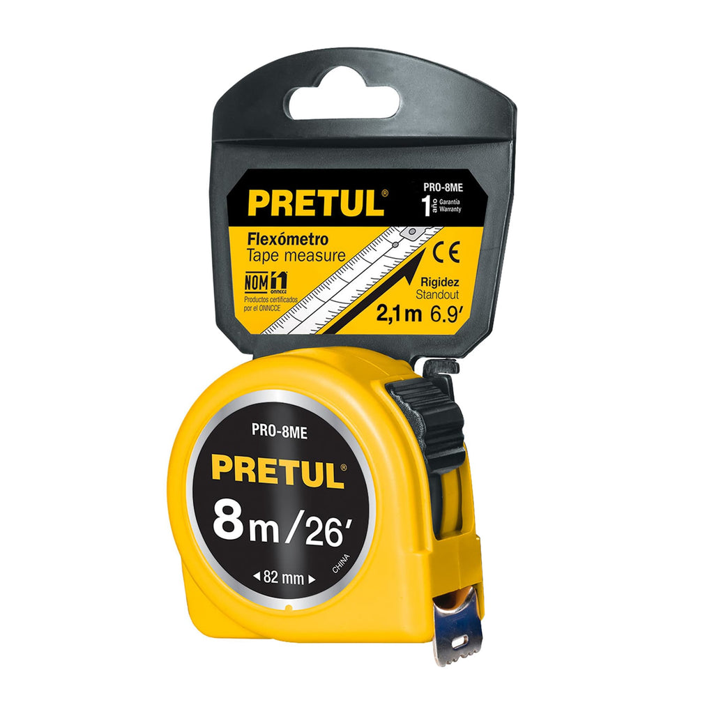 Flexómetro amarillo 8 m cinta 25 mm, PRETUL PRO-8ME (21603)