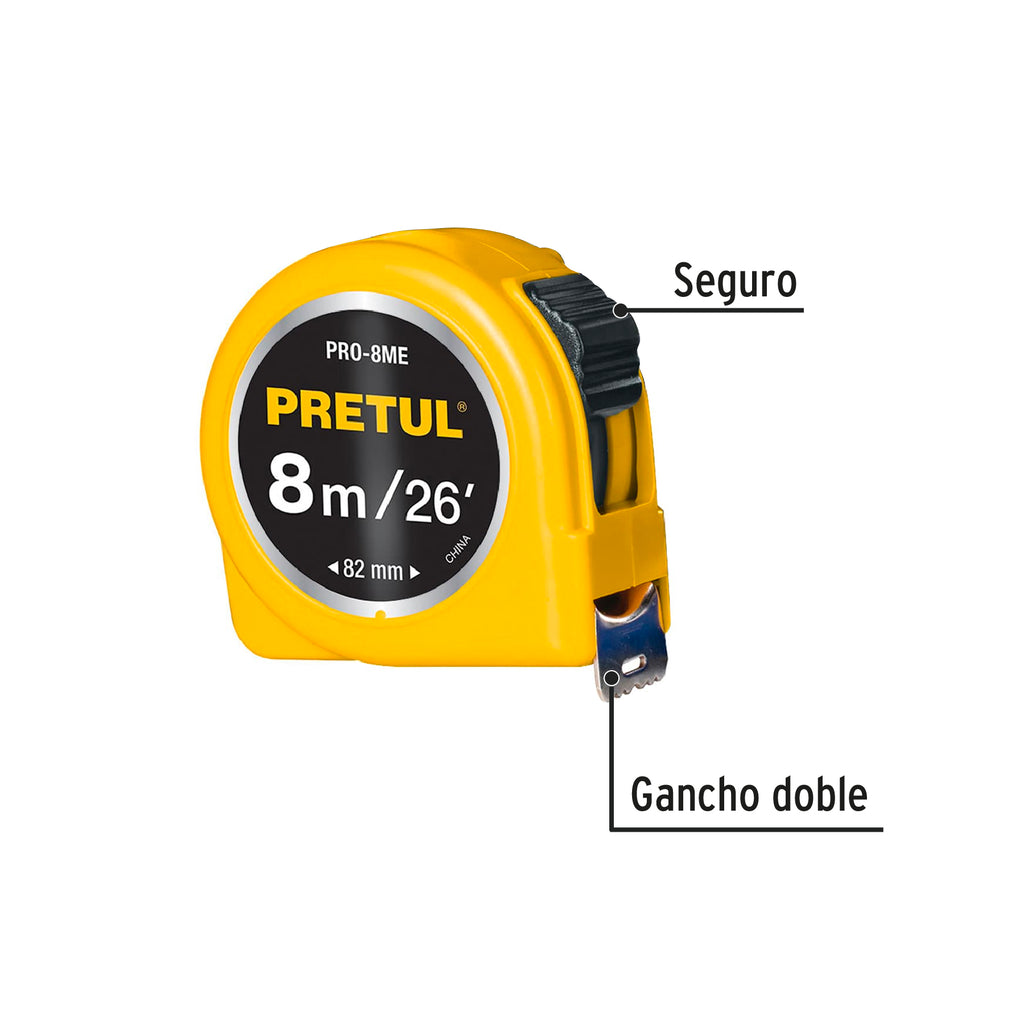 Flexómetro amarillo 8 m cinta 25 mm, PRETUL PRO-8ME (21603)