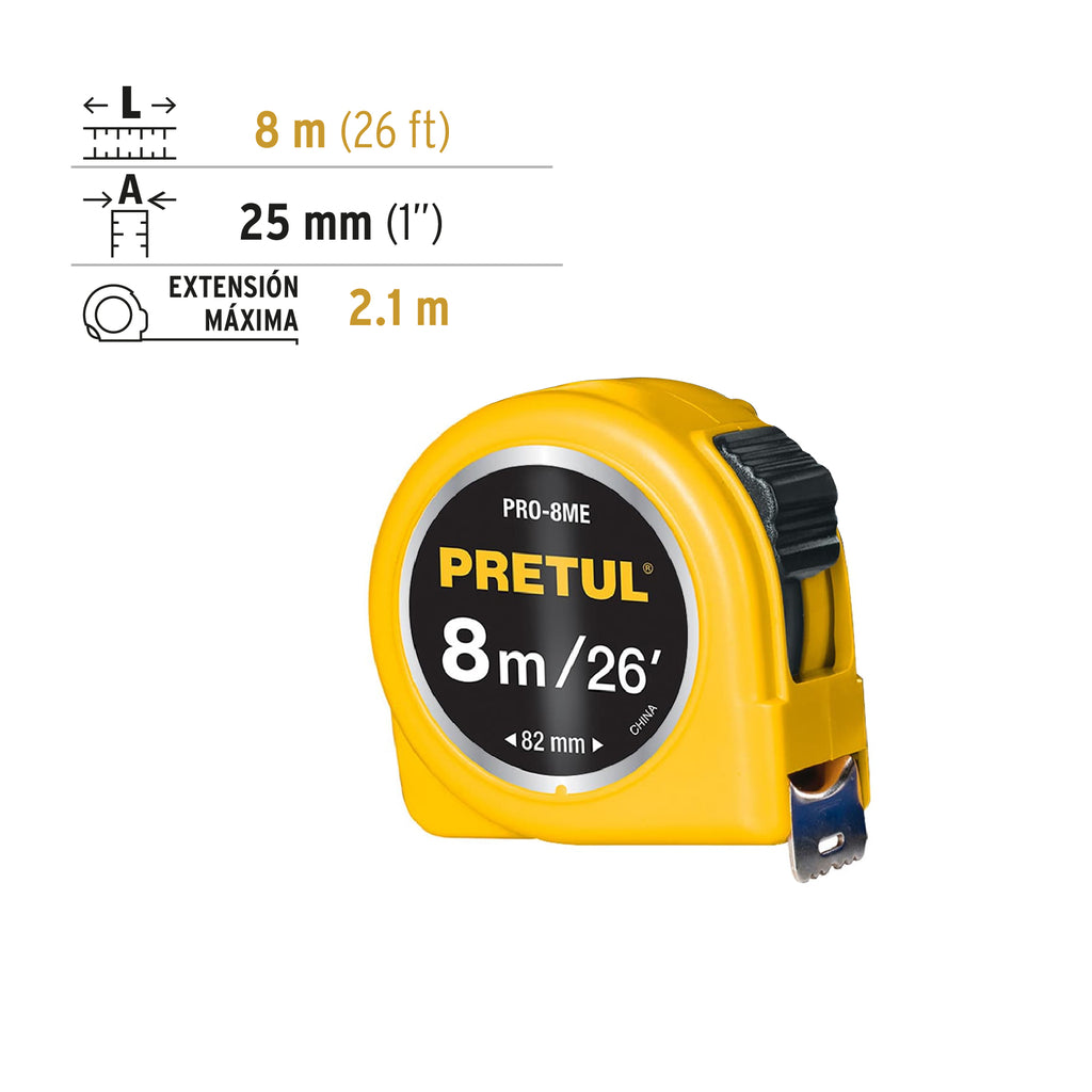 Flexómetro amarillo 8 m cinta 25 mm, PRETUL PRO-8ME (21603)