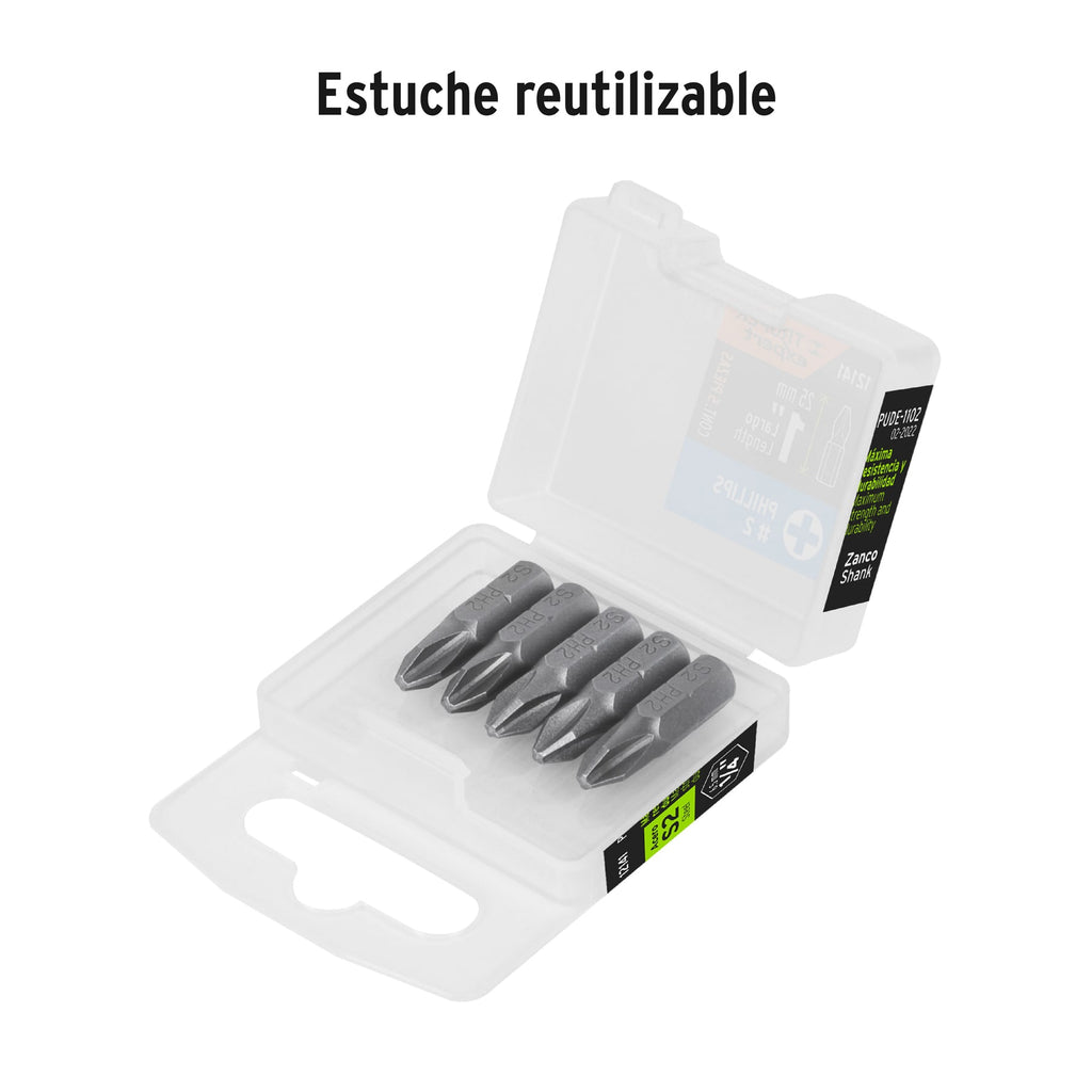 Estuche con 5 puntas de cruz PH2 largo 1", TRUPER Expert PUDE-1102 (12141)