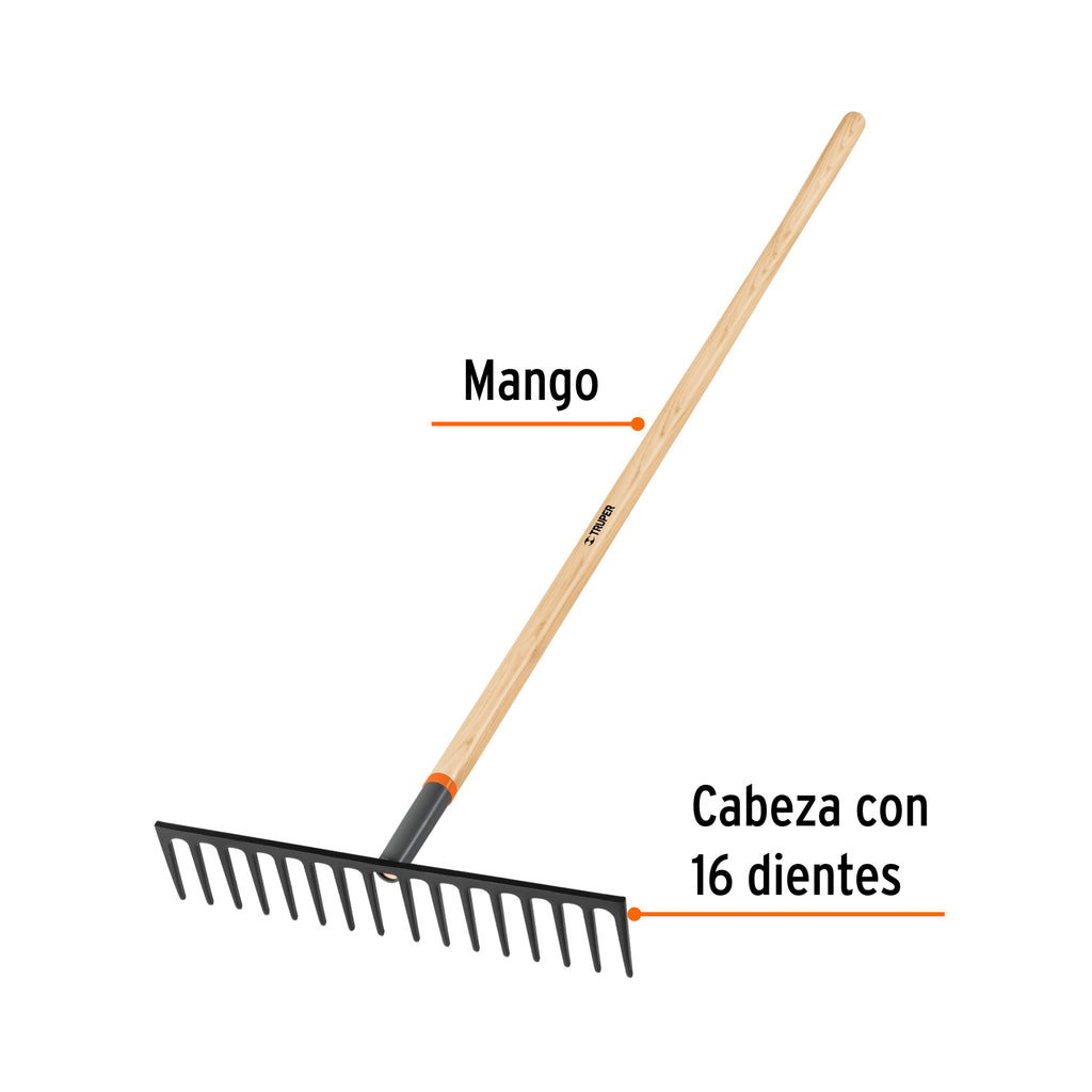 Rastrillo recto reforzado, 16 dientes, mango de 60", TRUPER R-16MX (17888)