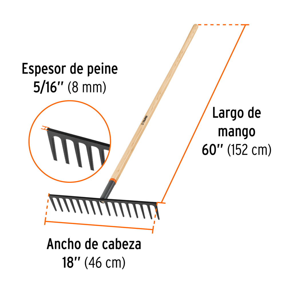 Rastrillo recto reforzado, 16 dientes, mango de 60", TRUPER R-16MX (17888)