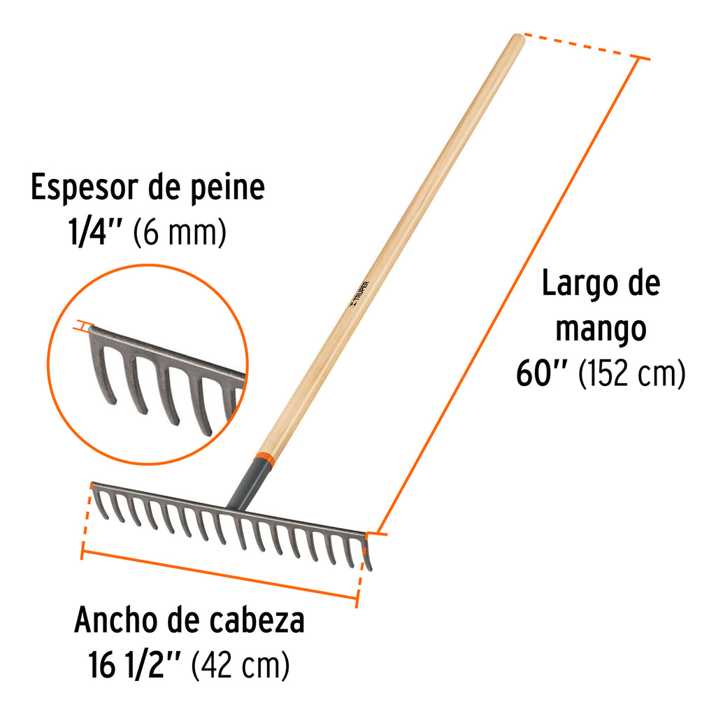 Rastrillo recto de 16 dientes, mango de 60", TRUPER R-16M (17880)