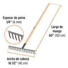 Cargar imagen en el visor de la galería, Rastrillo recto de 16 dientes, mango de 60&quot;, TRUPER R-16M (17880)