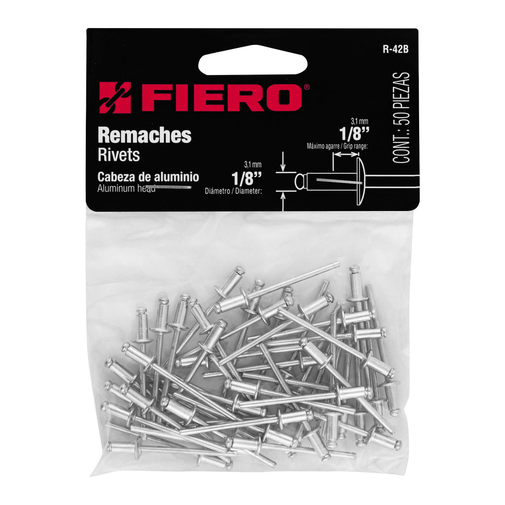 Remaches 1/8" x 1/8" de aluminio, ala 1/4" bolsa con 50pz FIERO R-42B (44518)