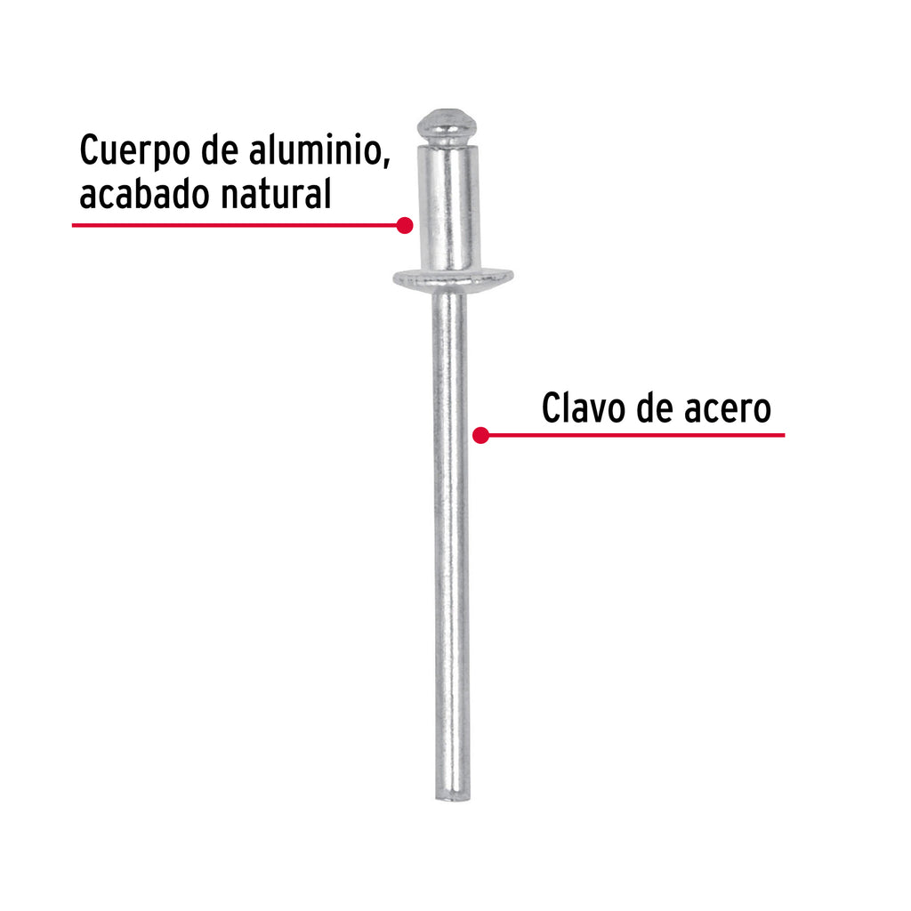 Remaches 1/8" x 1/8" de aluminio, ala 1/4" bolsa con 50pz FIERO R-42B (44518)