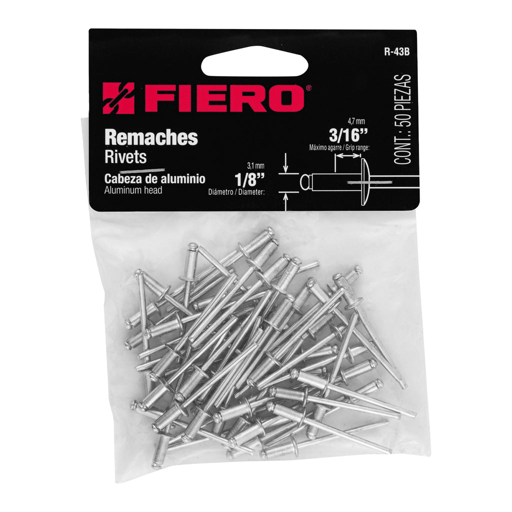 Remaches 1/8" x 3/16" de aluminio, ala 1/4" bolsa con 50pz FIERO R-43B (44519)