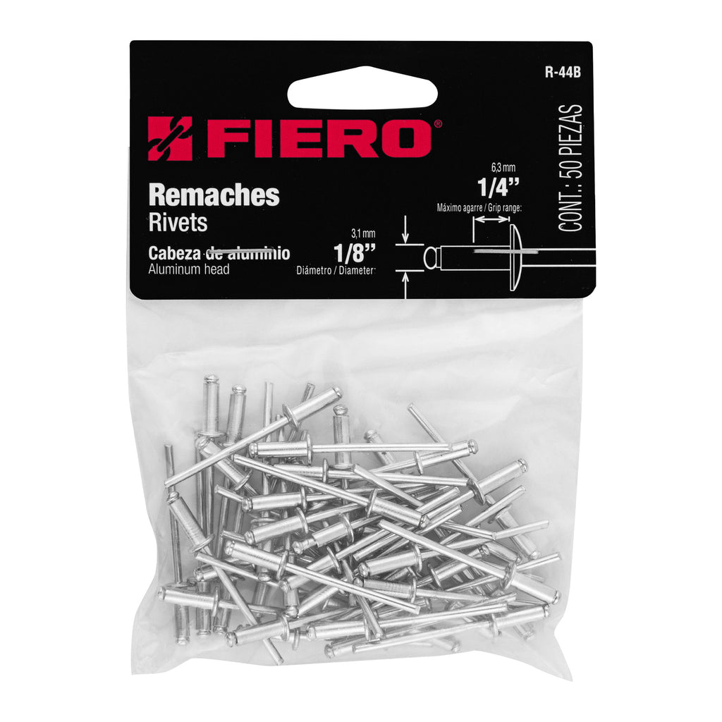 Remaches 1/8" x 1/4" de aluminio, ala 1/4" bolsa con 50pz FIERO R-44B (44520)