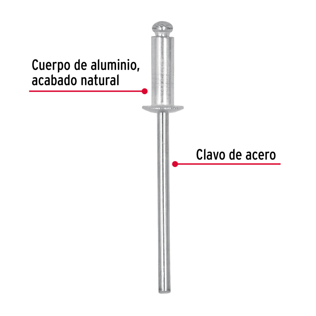 Remaches 1/8" x 1/4" de aluminio, ala 1/4" bolsa con 50pz FIERO R-44B (44520)