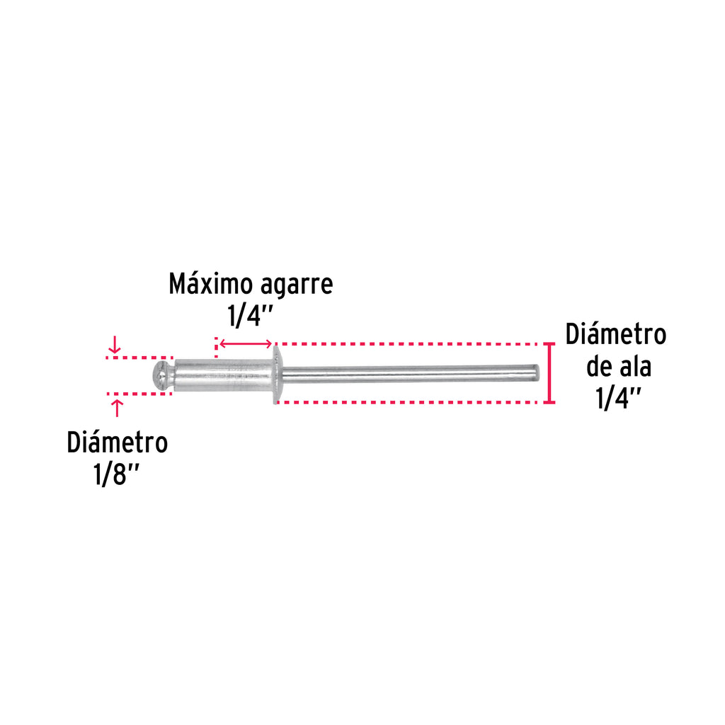 Remaches 1/8" x 1/4" de aluminio, ala 1/4" bolsa con 50pz FIERO R-44B (44520)