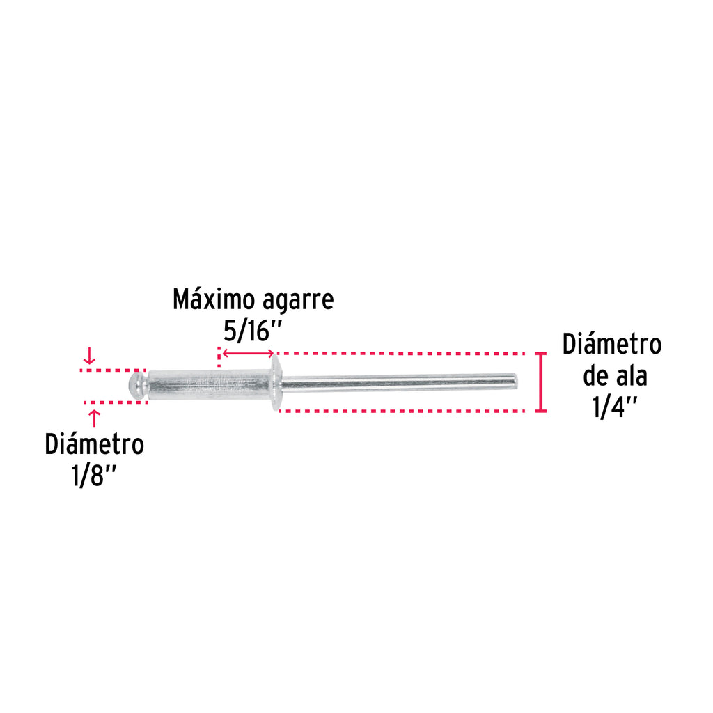 Remaches 1/8" x 5/16" de aluminio, ala 1/4" bolsa con 50pz FIERO R-45B (44521)