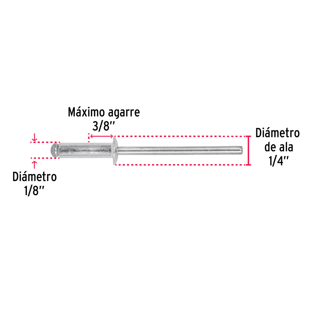 Remaches 1/8" x 3/8" de aluminio, ala 1/4 bolsa con 50pz FIERO R-46B (44522)