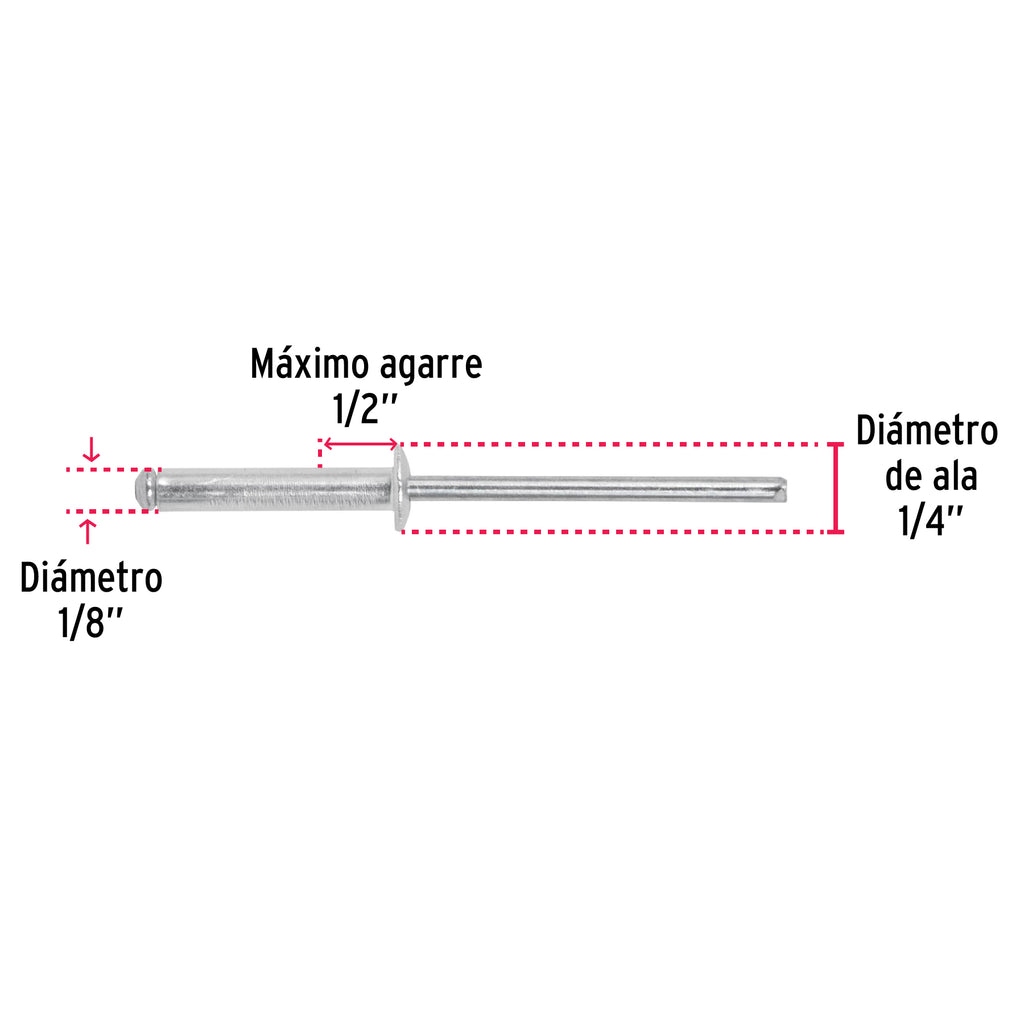 Remaches 1/8" x 1/2" de aluminio, ala 1/4 bolsa con 50pz FIERO R-48B (44523)