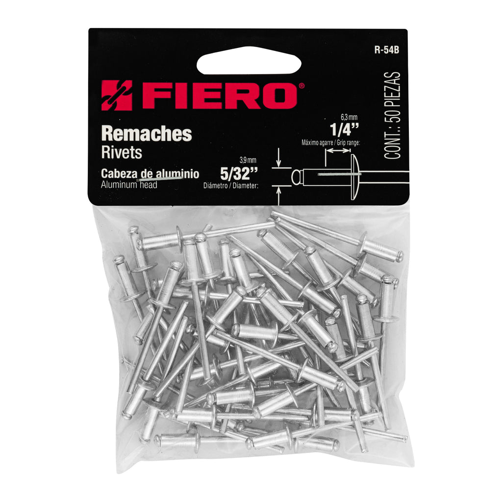 Remaches 5/32" x 1/4" de aluminio, ala 5/16" bolsa con 50pz FIERO R-54B (44525)