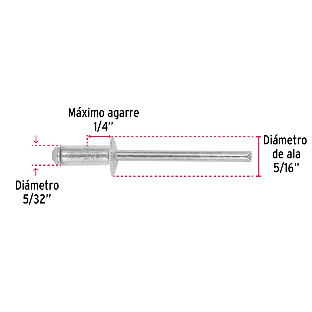 Remaches 5/32" x 1/4" de aluminio, ala 5/16" bolsa con 50pz FIERO R-54B (44525)