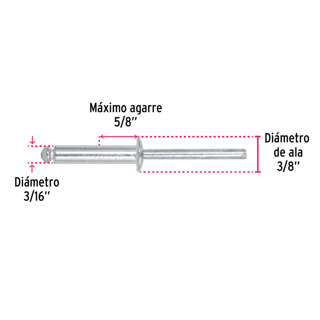 Remaches 3/16" x 5/8" de aluminio, ala 3/8" bolsa con 50pz FIERO R-610B (44535)