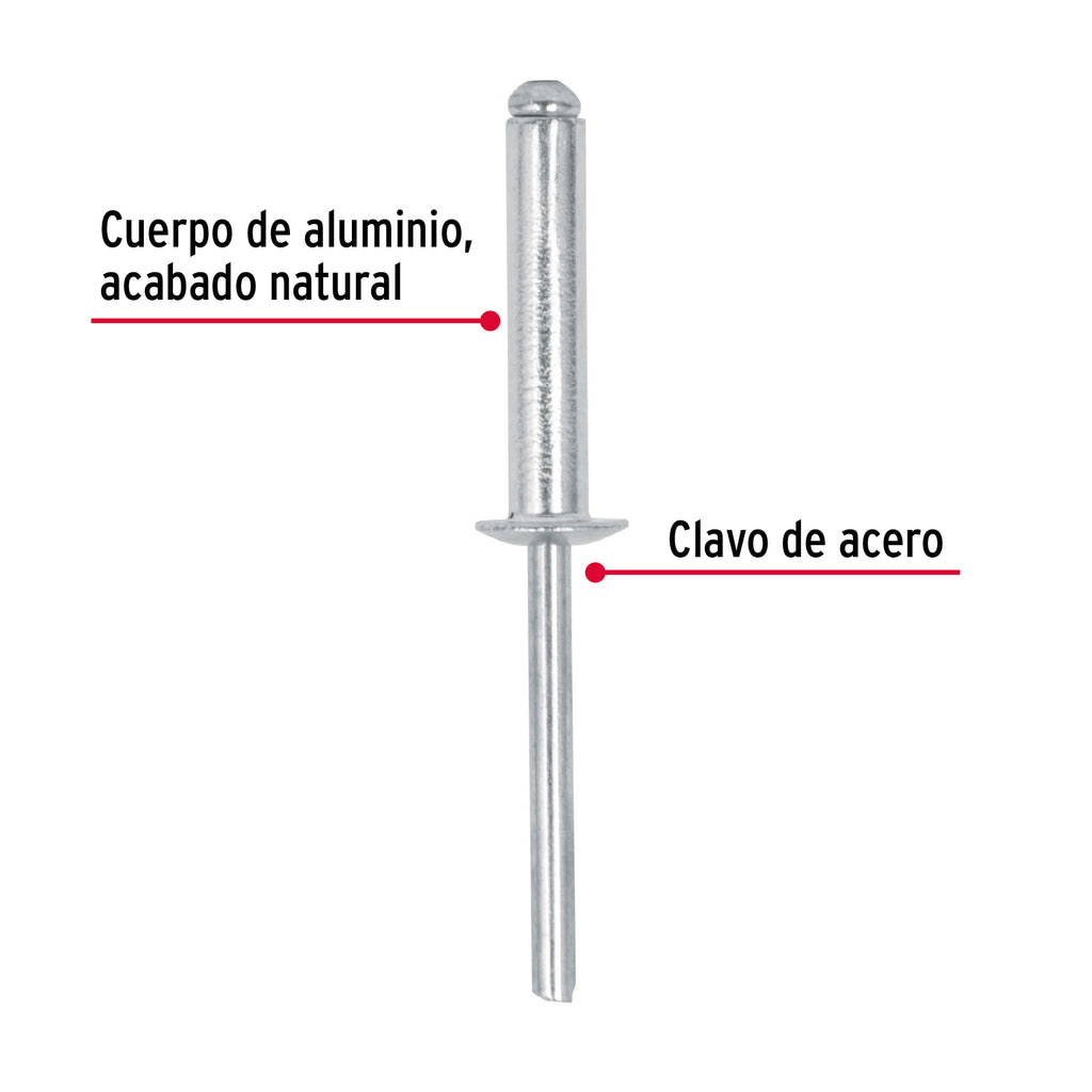 Remaches 3/16" x 3/4" de aluminio, ala 3/8" bolsa con 50pz FIERO R-612B (44536)