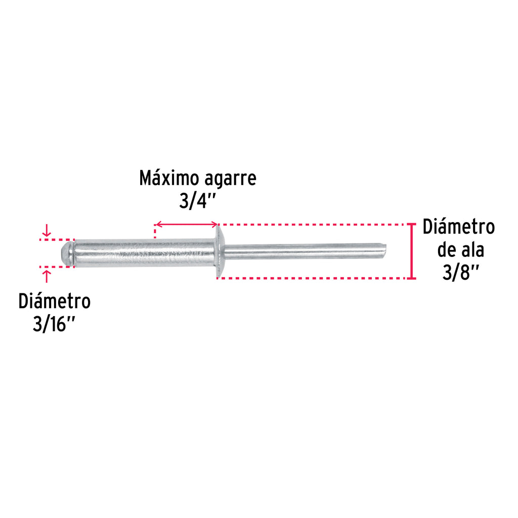 Remaches 3/16" x 3/4" de aluminio, ala 3/8" bolsa con 50pz FIERO R-612B (44536)