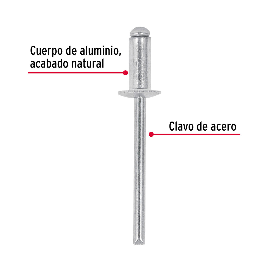 Remaches 3/16" x 1/8" de aluminio, ala 3/8" bolsa con 50pz FIERO R-62B (44528)