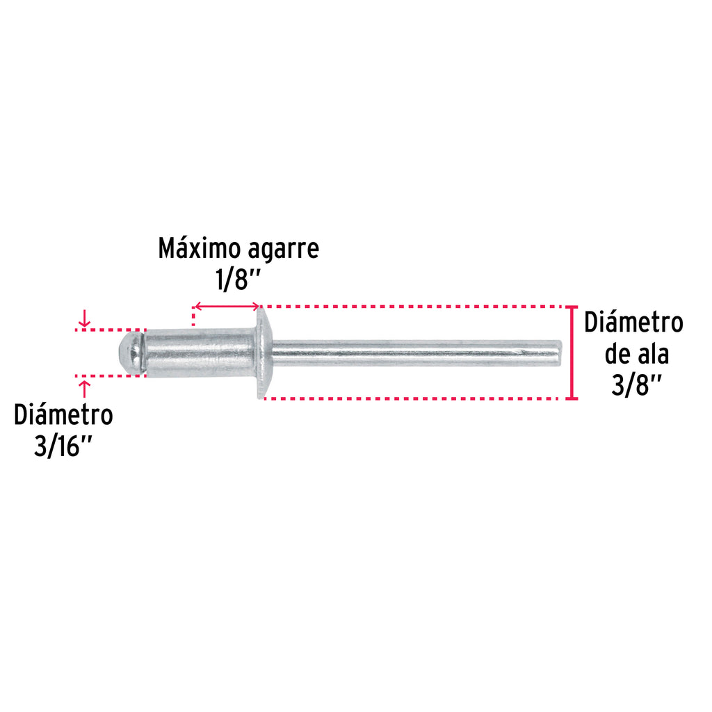 Remaches 3/16" x 1/8" de aluminio, ala 3/8" bolsa con 50pz FIERO R-62B (44528)