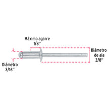 Cargar imagen en el visor de la galería, Remaches 3/16" x 1/8" de aluminio, ala 3/8" bolsa con 50pz FIERO R-62B (44528)