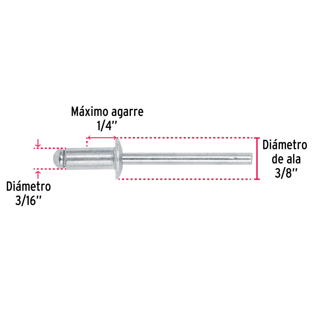 Remaches 3/16" x 1/4" de aluminio, ala 3/8"  bolsa con 50pz FIERO R-64B (44529)