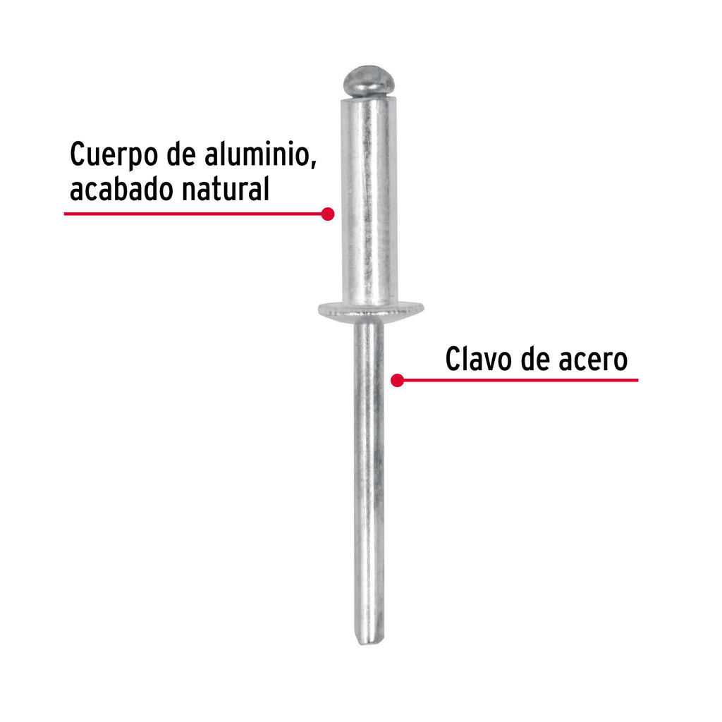 Remaches 3/16" x 3/8" de aluminio, ala 3/8" bolsa con 50pz FIERO R-66B (44530)