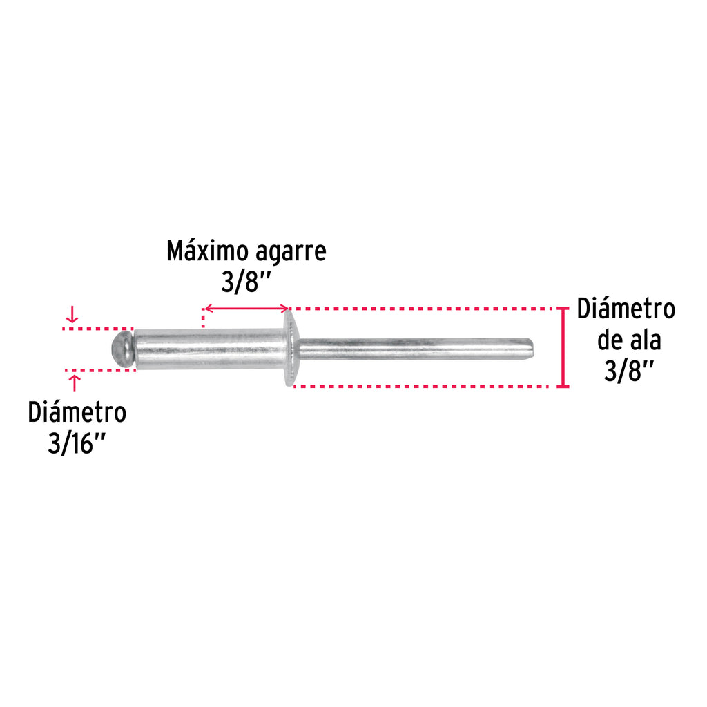 Remaches 3/16" x 3/8" de aluminio, ala 3/8" bolsa con 50pz FIERO R-66B (44530)