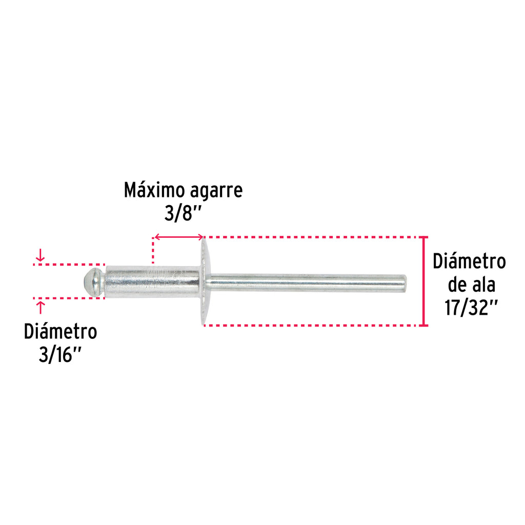 Remaches 3/16" x 3/8" de aluminio, ala 17/32" bolsa con 50pz FIEROR-66LF-B (44537)